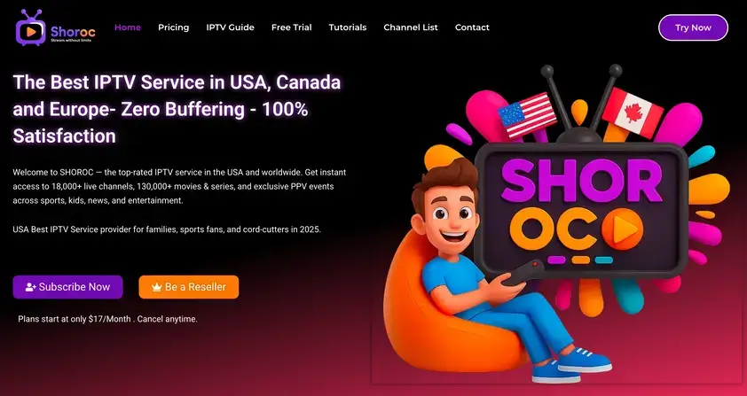 SHOROC IPTV homepage screenshot – best IPTV service USA